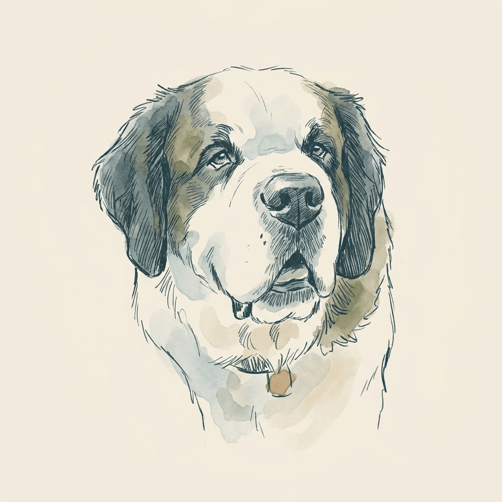 Ink and watercolor portrait of Darla Bella, St. Bernard
