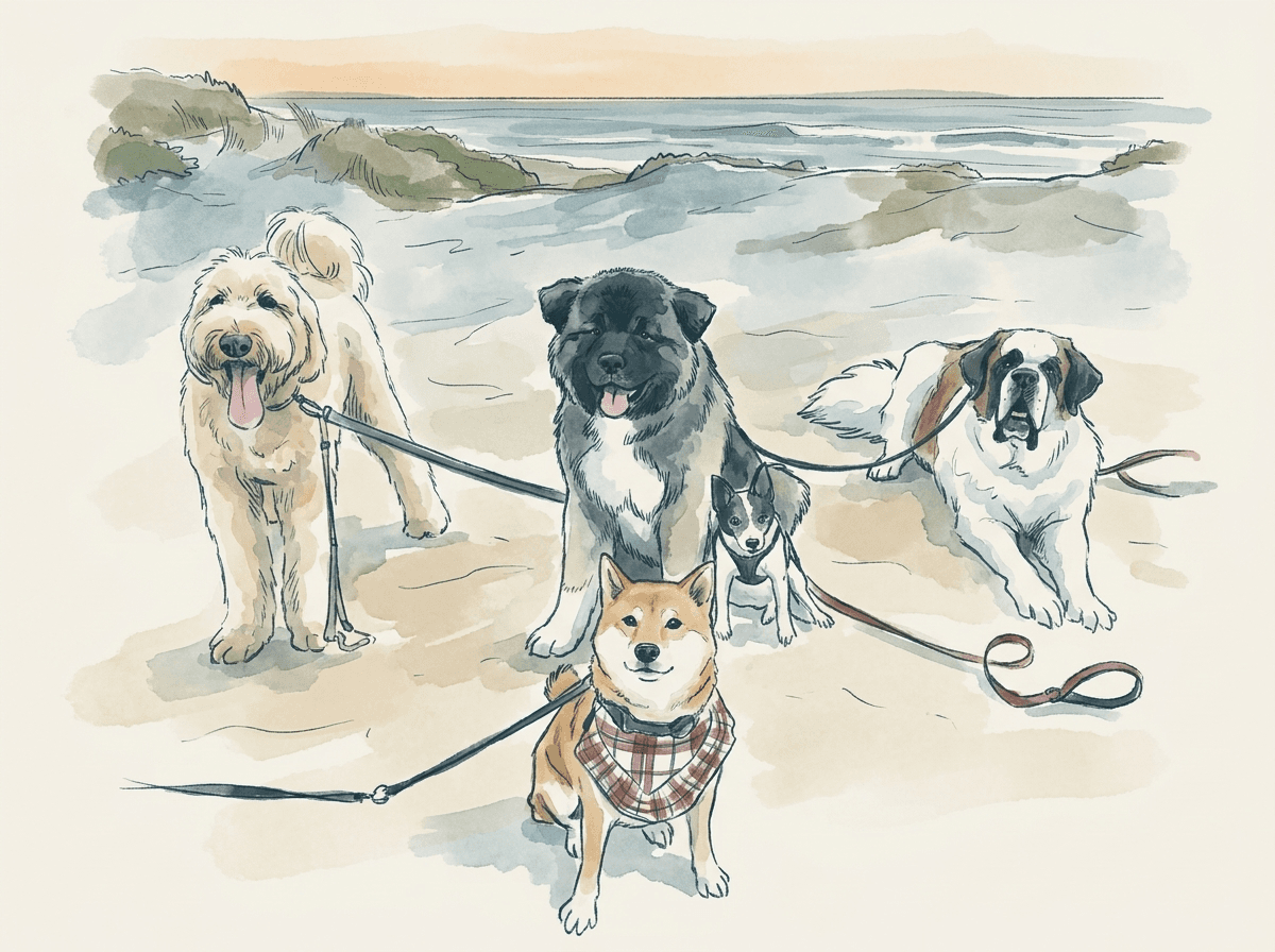 Ink and watercolor illustration of five dogs together on the dunes at Ocean Beach